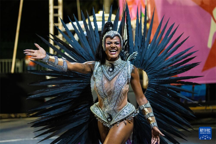 2月14日凌晨，在巴西贝洛奥里藏特，“城市花园”舞校的演员参加狂欢节游行。新华社记者 王天聪摄