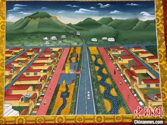 图为描绘夏河县景象的唐卡作品 。 宋子昕 摄